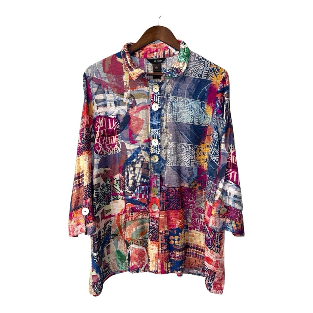 Ali Miles button up blouse women's 1X vibrant patchwork mixed print wire collar